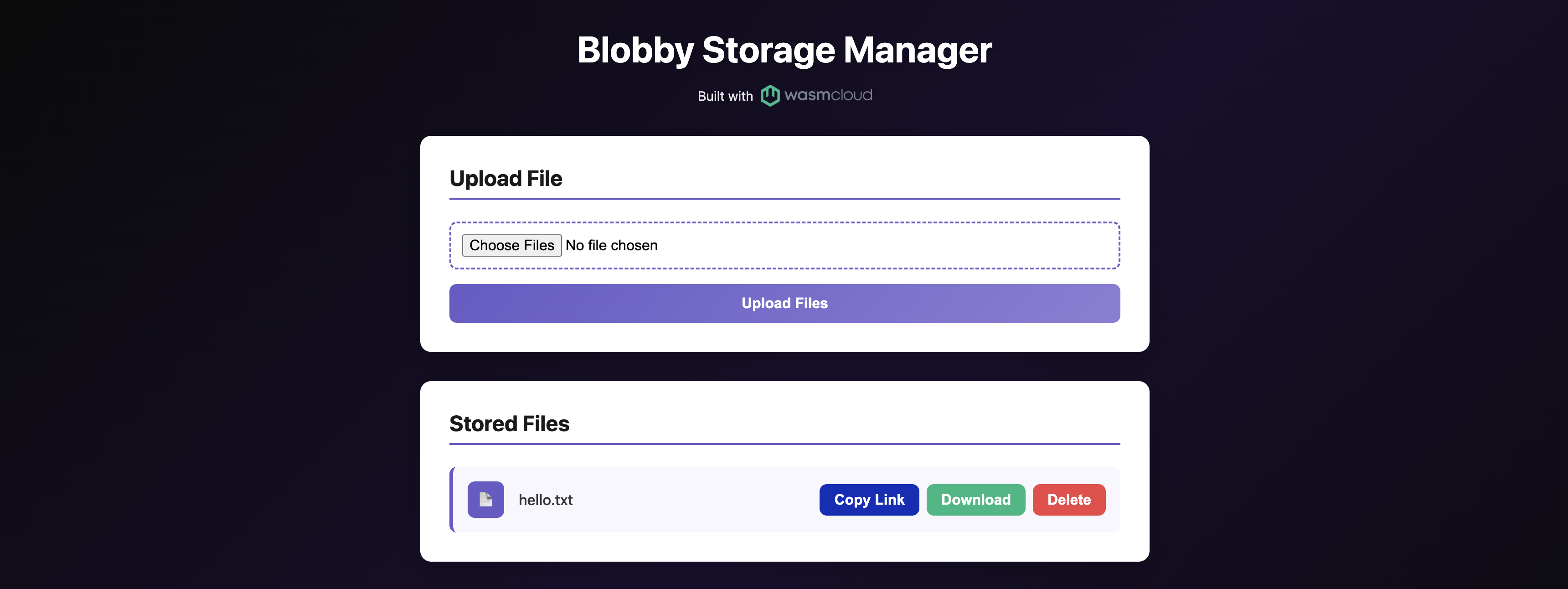 Blobby Storage Manager UI showing an uploaded file with Copy Link, Download, and Delete buttons